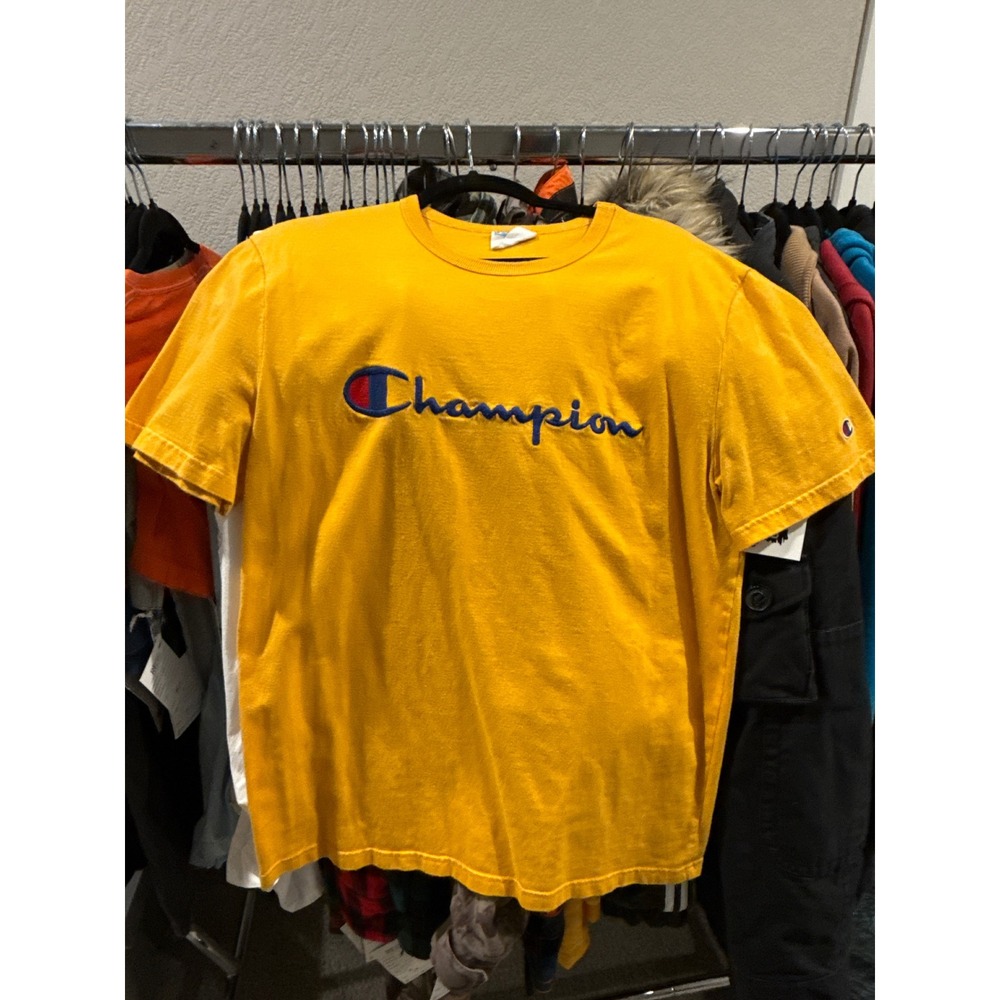 Champion Mens Script Logo Embroidered T-Shirt Yellow Mustard Medium Short Sleeve